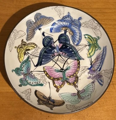 Vintage Chinese Asian Butterfly Porcelain Bowl Encased Brass Backing / Loop- 9" - Image 1 of 4