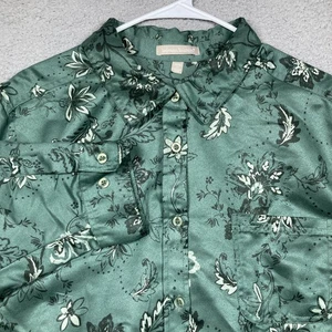 Woman Within Top Damen 2X 26/28 Grün Blumenmuster Knopfleiste Wildleder Feel Langarm - Bild 1 von 11