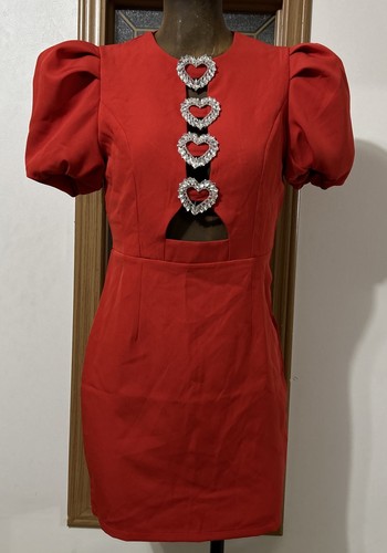 VALENTINO Mini abito aderente a matita rosso argento strass cuore manica a sbuffo festa cocktail