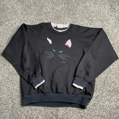 Vintage Black Cat Sweatshirt Women’s XL Pullover 80s Fleece Art Hipster Grandma  - Image 1 of 4