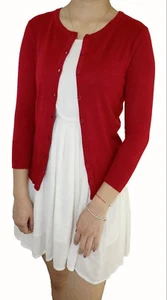 Women 3/4 Sleeve Cardigan Crew Neck Fitted Regular & Plus Size Vintage Inspired - Picture 1 of 42
