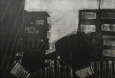 JAPANESE MID-20TH C VINT B & W AQUATINT CITYSCAPE, W/HANDS CLEANING WINDOW GLASS