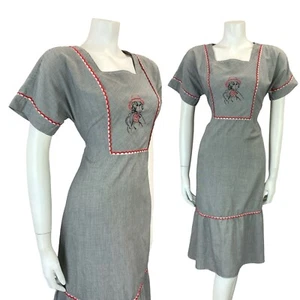 VTG 60S 70S BLACK WHITE HOUNDSTOOTH PRAIRIE COTTAGE ART DECO WOMAN MIDI DRESS 10 - Picture 1 of 11