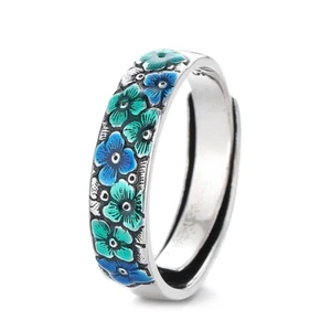 Handmade Blue Enamel Flower Ring Adjustable Blooming Flower Ring - Picture 1 of 4