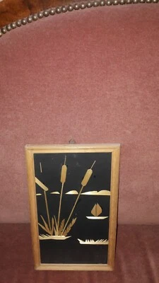 Strohbild "Binsen mit Segelboot" - mit Holzrahmen, verglast - 30 x 18 cm -Retro - Bild 1 von 3
