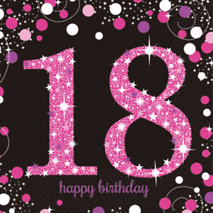 18th Birthday Paper Napkins Age 18 Paper Party Napkins Pink Black x 16