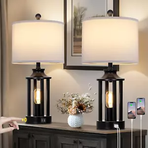 Touch Control Farmhouse Table Lamp Set of 2 with 2 USB Ports, 3 Way Dimmable Bed - Picture 1 of 7