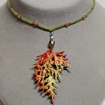 Handmade Orange Green Enamel Natural Juniper Branch Pendant Bead 16" Necklace  - Image 1 of 4
