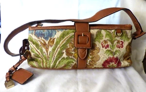 1980s Vintage LIZ CLAIBORNE Tapestry Handbag Leather Trim Mirror Pockets - Picture 1 of 11