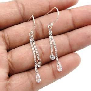 Orecchini Pendenti In Argento Sterling Con Gemma In Zirconia Cubica Bianca - Foto 1 di 7