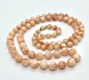 Collana Fibbia Vintage Vero Salmone Corallo Perline Oro 14k 47,06g. 24"" - Foto 1 di 11