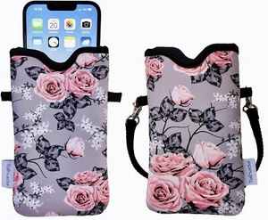 Men Women Neoprene Phone Sleeve Pouch Case Bag with Crossbody Gray Floral - Picture 1 of 6