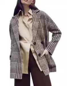 Zara Houndstooth Double Breasted Oversized Knit Sweater Blazer Jacket Size L - Picture 1 of 9