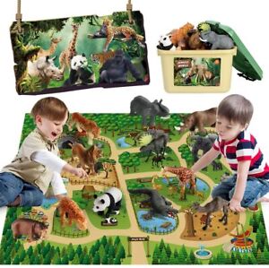 57 Inch Large Jungle Play Mat With 12 Wildlife Animals Realistic Model Toys Kit