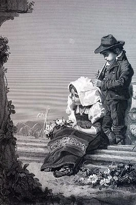 Gabe 1888 OFERTA INFANTIL Música Flores Flauta Músico Arte Antiga Gravura - Imagem 1 de 4