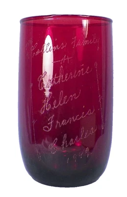 Anchor Hocking Royal Ruby Tumbler 9 oz Engraved Collins Family 1949 Vintage - Image 1 of 4
