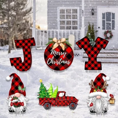 Letreros de patio decoraciones exteriores de Navidad con estacas, 6 piezas rojo y negro búfalo P Foto 1 de 4