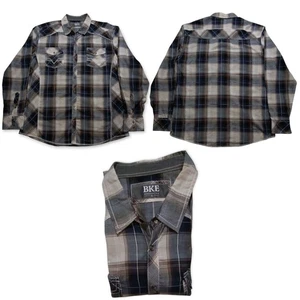 BKE Cowboy Western Shirt Marble Snap Mens XL Navy Blue Brown Plaid Long Sleeve - Picture 1 of 4