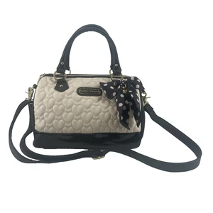 Betsey Johnson Satchel Purse Quilted Heart Bow Cream Black Crossbody Strap - Picture 1 of 16