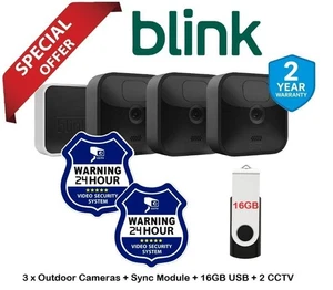 Blink Outdoor 3 Camera Mega Bundle + Sync Module + 16GB USB + 2 CCTV Shields - Picture 1 of 16