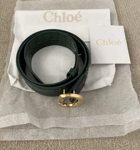 Chloe Woodsy Green Crocodile Effect Belt Gold Buckle C Size L New No Tag - Picture 1 of 12