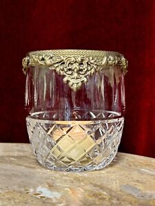 Edles Glas mit Schliff und Messing Windlicht Vase Antik Look 10cm Rund NEU 330g