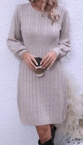 Women Ribbed Slim Cable Knit Slim-Fit Long Sleeve Crew Neck Mini Dress Khaki M - Picture 1 of 6