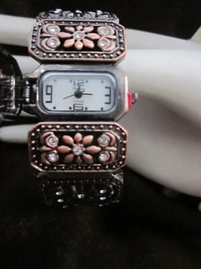 GENEVA Platinum "HIDDEN FACE" Analog Floral Bronze with Rhinestone Cuff Watch - Picture 1 of 6