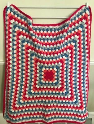 CROCHET GRANNY SQUARE blanket afghan wrap lap throw baby handmade Pink Blue 36" - Image 1 of 2