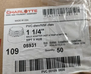 1-1/4" PVC dwv Male Adapter Plumbing Fitting, MPT X Hub, Lot of 50, New, 05931 - Picture 1 of 3