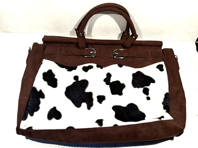 Cow Print Tote Hand LG Bag Y2K Brown Suede like faux fur Approx. 18"W x 12.5" H - Image 1 of 4