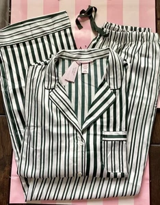 NEW Victoria's Secret Satin Long Pajama Set Green Striped Pj’s Top & Pants M - Picture 1 of 5