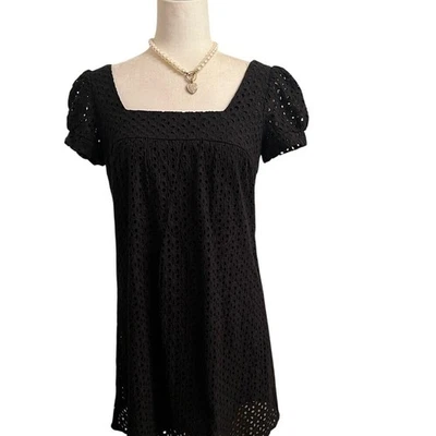 Vestido B Darlin preto ilhós algodão manga folhada WhimsyGoth Cottagecore tamanho 11/12 - Imagem 1 de 4