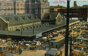 CITY MARKET, KANSAS CITY, MO. TROLLEYS. VENDORS. HORSE & WAGONS. - Picture 1 of 2