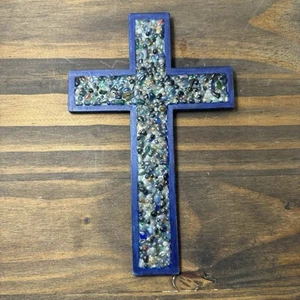 Flat Wood Wall Cross Folk Art Micro Bead Art Cross Navy Multicolored - Picture 1 of 4