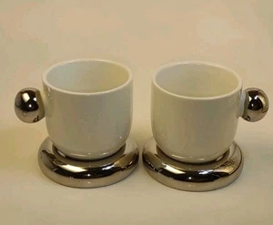 Anthropologie Set of 2 Arlo Stoneware Espresso Cup White Silver Ceramic Mugs Set - Bild 1 von 6
