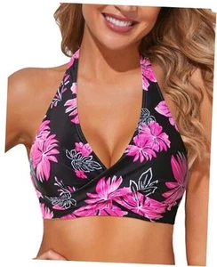  Women Halter Bikini Tops Push Up Bathing Suit Top V Neck Medium Pink Floral - Picture 1 of 6