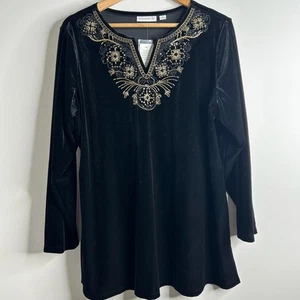 Susan Graver Tunika Top 1X schwarz Samt verziert Perlen Tunika Pailletten Luxus - Bild 1 von 9