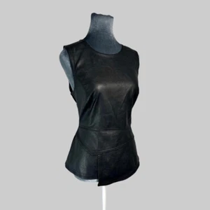BCBGMAXAZRIA Black Faux Leather Peplum Top Size L sleeveless minimalist goth - Picture 1 of 8