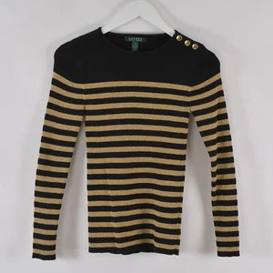 Ralph Lauren Women's Sweater Small Top Gold Black Striped Crew Neck Long Sleeve - Picture 1 of 6