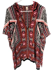 RAGA S Kimono Poncho Lightweight Jacket Pink Orange Boho Hooded Pom Pom Top - Picture 1 of 5