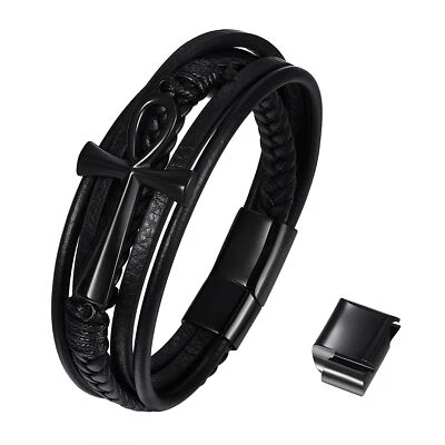 Egyptian Ankh Cross Of Life Egypt Symbol Charm Leather Braided Magnetic Bracelet - Image 1 of 4