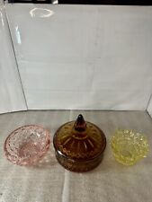 Vintage Retro Heavy Cut Amber Glass Candy Dish w Lid + Pink N Yellow Glass Bowl