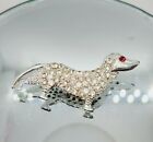 Vintage Dachsund Dog Crystal Brooch 2" Estate Jewelry Silver Tone Red Eye