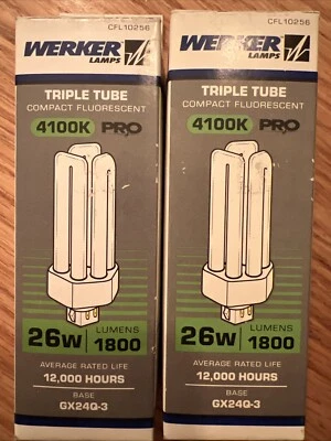2 WERKER LAMPS CFL 10256 TRIPLE TUBE LIGHT BULB GX24Q-3 BASE / 26W / 1800 LUMENS - Image 1 of 4