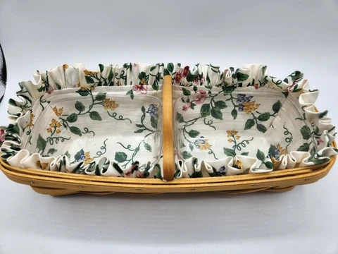 Longaberger classic stain Cracker basket, liner, plastic & wood Divider Cover