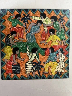 Brighton Chonzi Africa Cameroon Folk Art Painting Of Bull Fighting 8x8” - Image 1 of 4