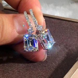925 Silver Rectangle Cubic Zirconia Hook Earrings Drop Dangle Women Wedding Gift - Picture 1 of 6