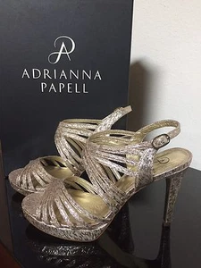 ADRIANNA PAPELL Strappy Gold Evening Party Heels Aiden Silver Foil Sleek Sz 7 - Picture 1 of 10