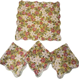 Boho Retro Floral Linen Napkins Set of 4 Scalloped Edge Pink Yellow 15” - Picture 1 of 14